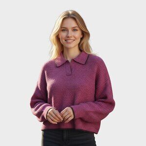 SO Purple Textured Knit Sweater Womens Medium Cozy Fall Winter Collared Pullover